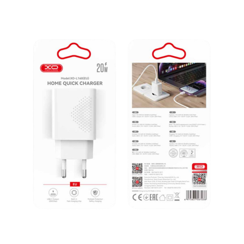 Kucni punjac XO L161 USB-C + USB A 20W PD White+Type C cable